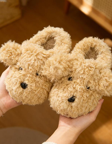 Fashion Plush Animal Cotton Slippers Cute Simulation Dog Face Comfortable Soft Home Shoes Non Slip Warm Indoor Outdoor Walking Khaki Women'S Slippers for Girls Winter