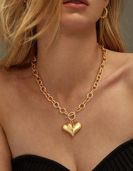 Tewiky Gold Large O-Link Chain Puffy Heart Pendant Necklace for Women, Shiny Smooth Statement Necklace for Black Friday Christmas